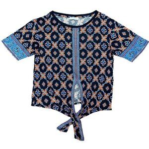 Sandro Paris Top Short Sleeve shirt Blue Orange Tie Front See Measurements